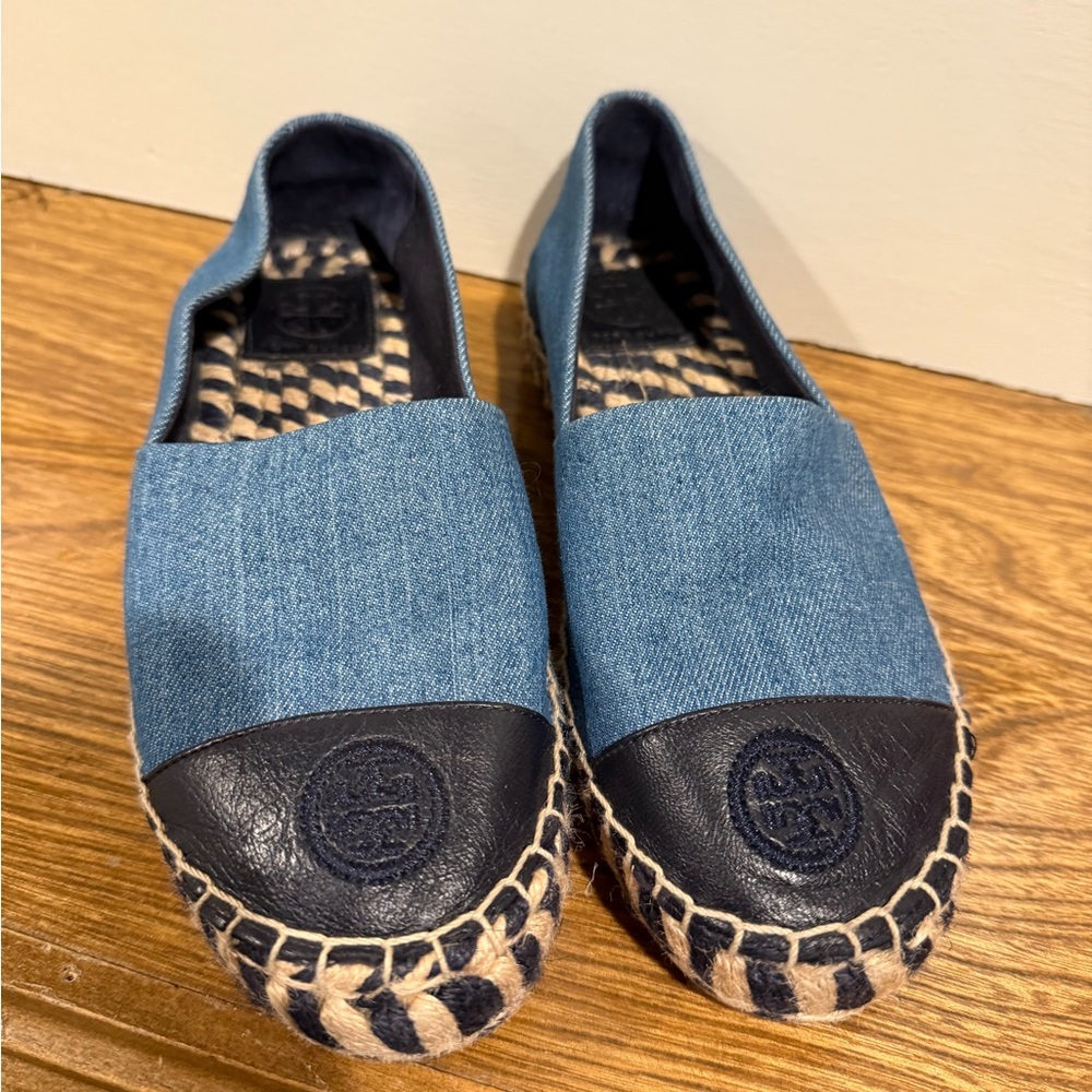 Tory Burch Color Blocked Canvas & Leather Espadrille. Denim with Navy Leather.